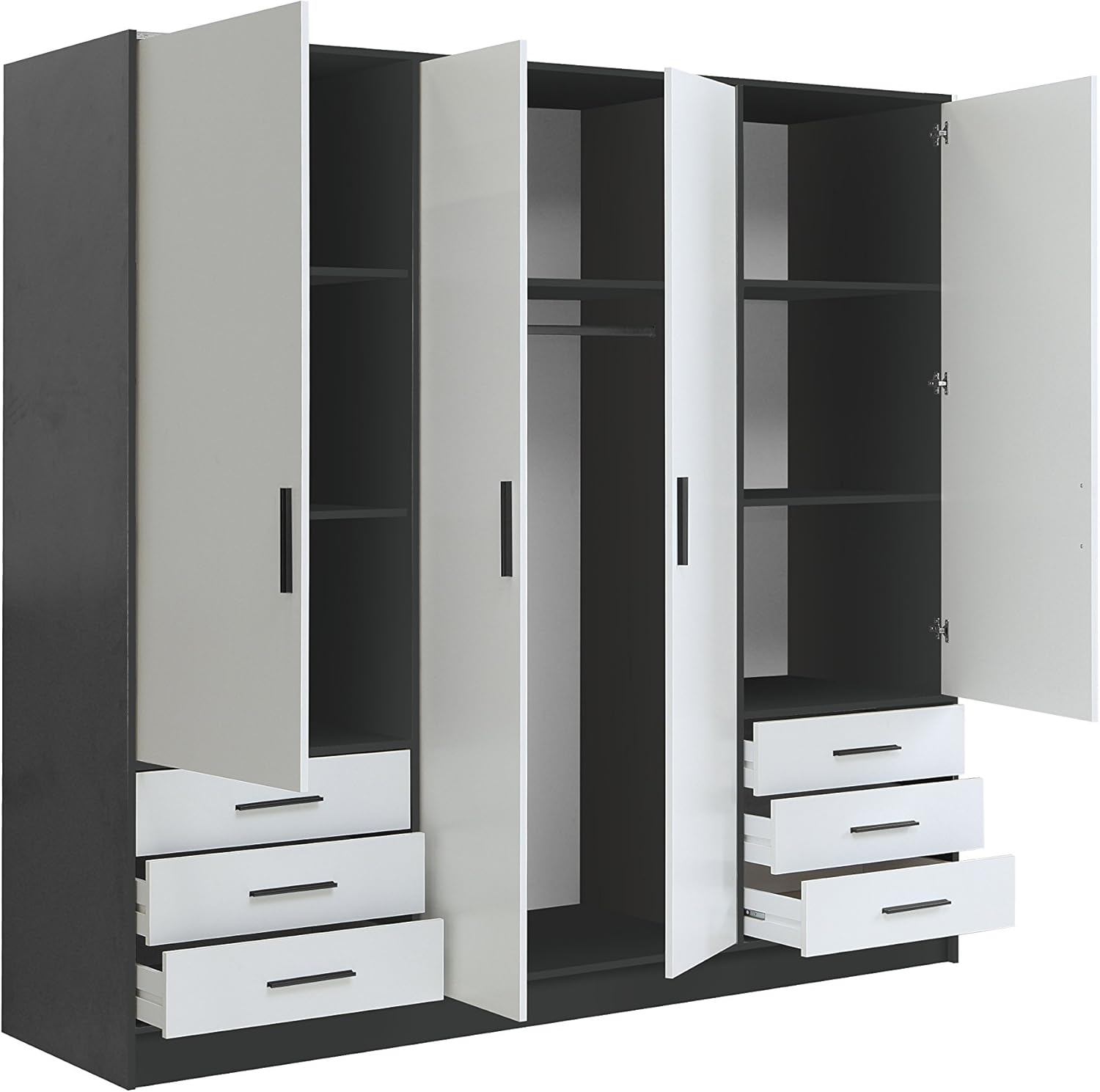 FORTE Jupiter Schrank 200 210, Kleiderschrank, Drehtürenschrank, 4-türig, mit 6 Schubladen und Einlegeböden, Schwarz Weiß, 206.5 cm breit x 60 cm tief x 200 cm hoch
