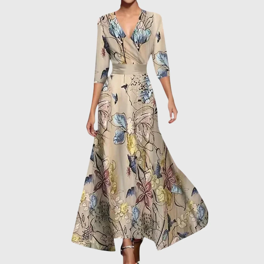 Maxikleid Damen mit V-Ausschnitt und Blumenmuster | Elegantes Wickelkleid mit kurzen ?rmeln f��r festliche Anl?sse und Sommer