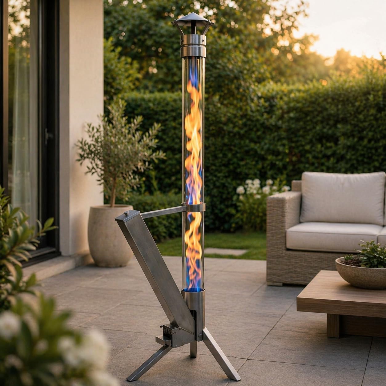 Eden Outdoor Feuerrohr Klassik,Edelstahl Feuersäule und Pelletfackel, Elegante Terrassenheizer und Gartenkamin, stilvolles Terrassenfeuer, langlebig und wetterfest, Alternative für Deine Terrasse und