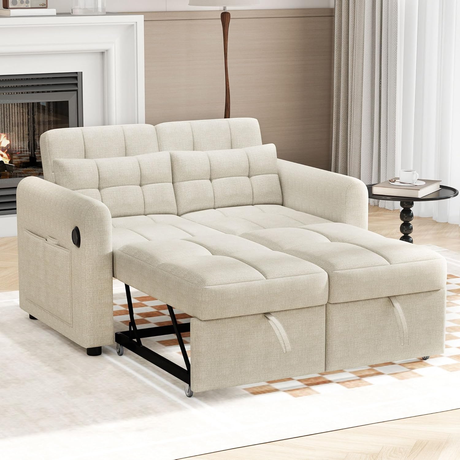 Loveseat-Sofa, 3-in-1-Ausziehsofa mit Verstellbarer Rückenlehne, USB, Armlehnentaschen und Kissen. Geeignet für Wohnzimmer, Schlafzimmer, Wohnung Usw.，Beige