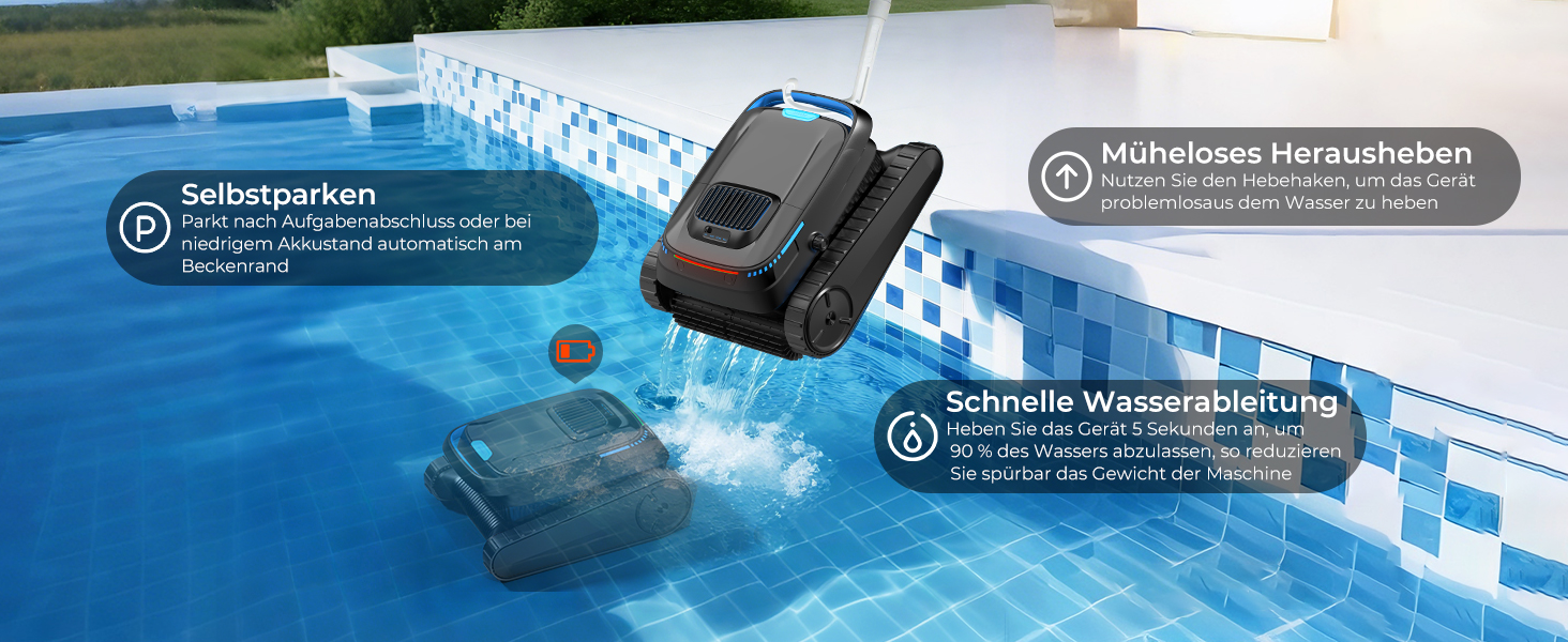 Bild des Unterwasserpools mit kommentiertem Callout-Text, der die Wartungsfunktionen des Pools und Details zum Wasserzirkulationssystem beschreibt.