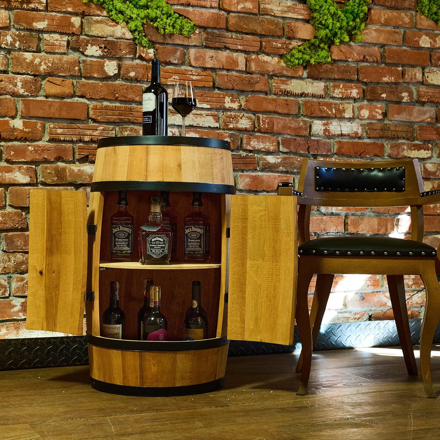 CREATIVE COOPER Weinfass Stehtisch mit Tür - Alkoholschrank Flaschenregal Holz Regale - Holzfass - Fassmöbel - Wine Rack - Wineregal - Weinbar - Fass bar mit Tür - Fassbar minibar 80Cm High (Eiche)