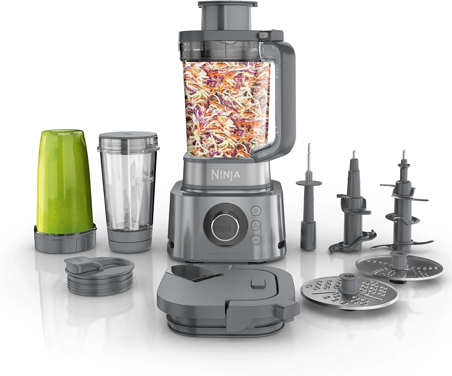 Ninja Blender. Compact Kitchen System. 1200W. 3 Functions for Smoothies. Dough & Frozen Drinks with Auto-IQ. 72-oz.* Blender Pitcher. 40-oz. Processor Bowl & 18-oz. Single-Serve Cup. Grey. AMZ493BRN