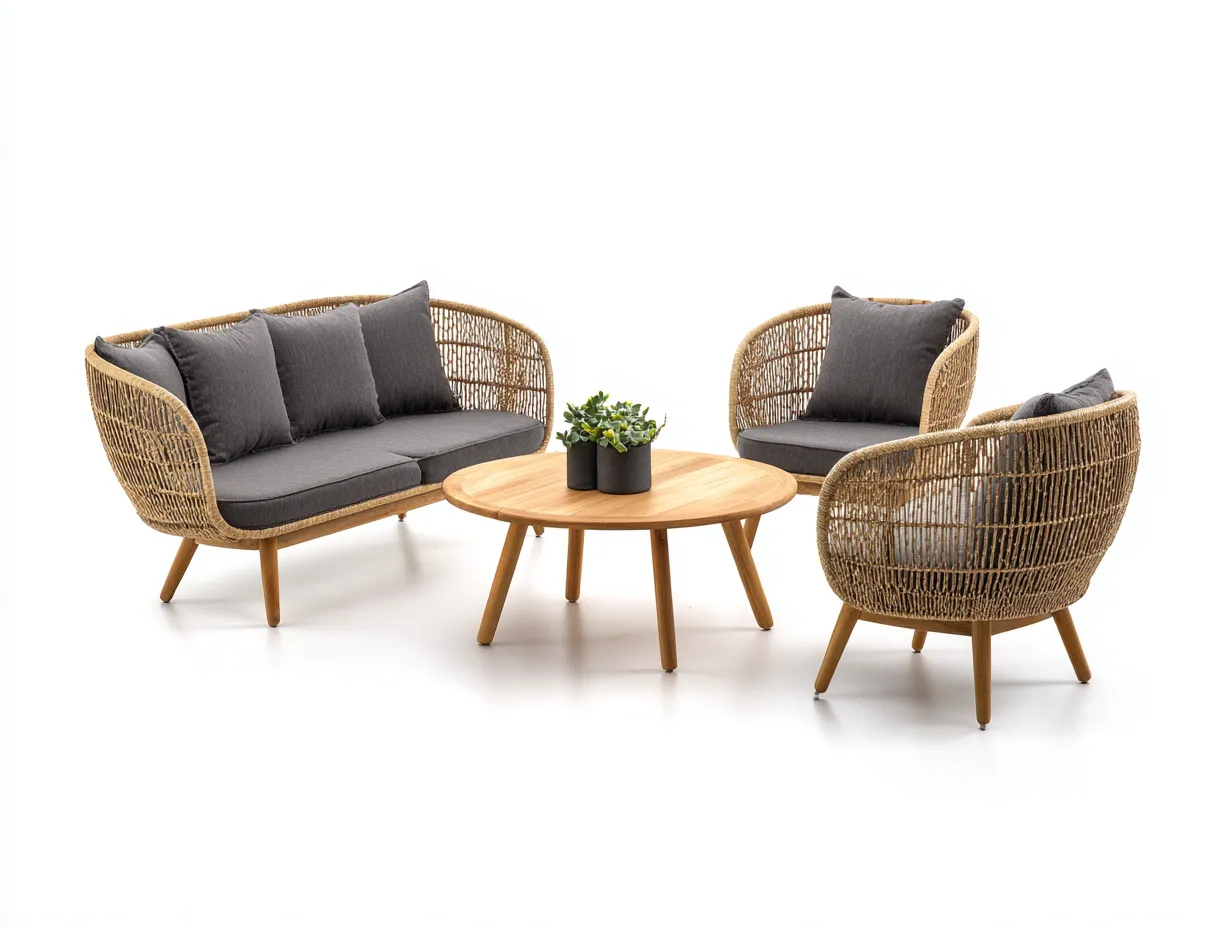 Garten Lounge Set-Rattan-Holz-Stoff-160 x 82 x 86 cm-Natur-Dunkelgrau-Moderner Gartenstil