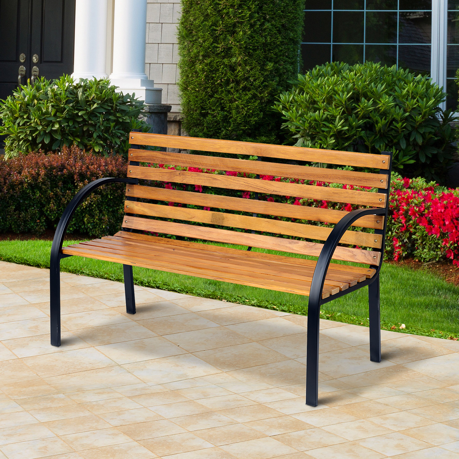 Tuinbank 2-zits zitbank parkbank tuin staal + hout naturel