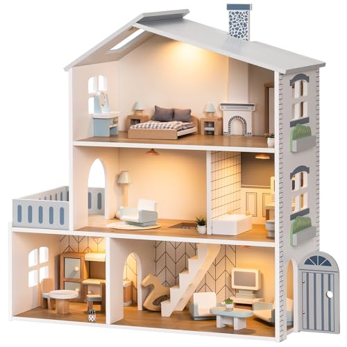 ROBUD Casa delle bambole in legno luci,3 piani, inclusi mobili e scale, giocattoli per bambini dai 3 anni in su : Amazon.it: Giochi e giocattoli