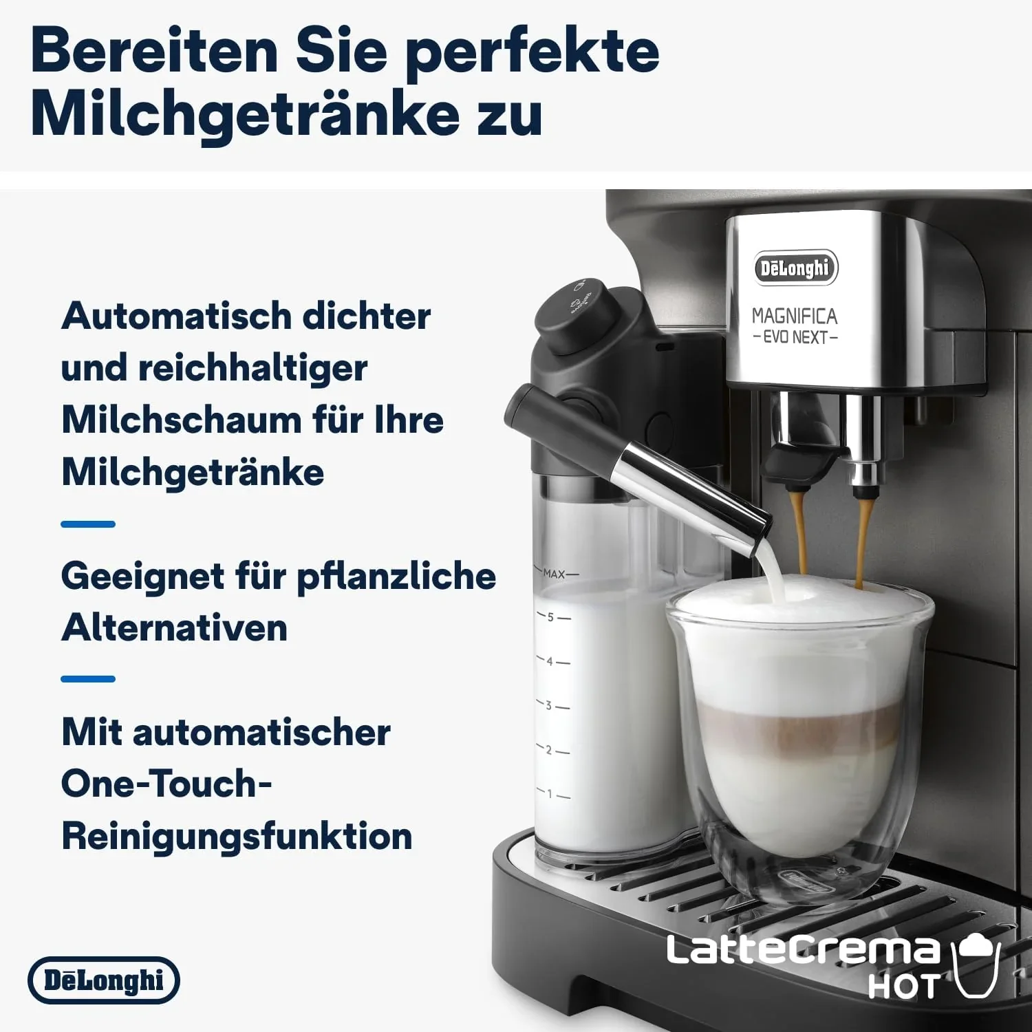 De'Longhi Magnifica Evo Next ECAM312.80.TB, Kaffeevollautomat mit 13 Getr?nken (Cappuccino, Espresso, Latte Macchiato), 2,4'' TFT Farbdisplay, LatteCrema Milchsystem, 2-Tassen-Funktion, Titan