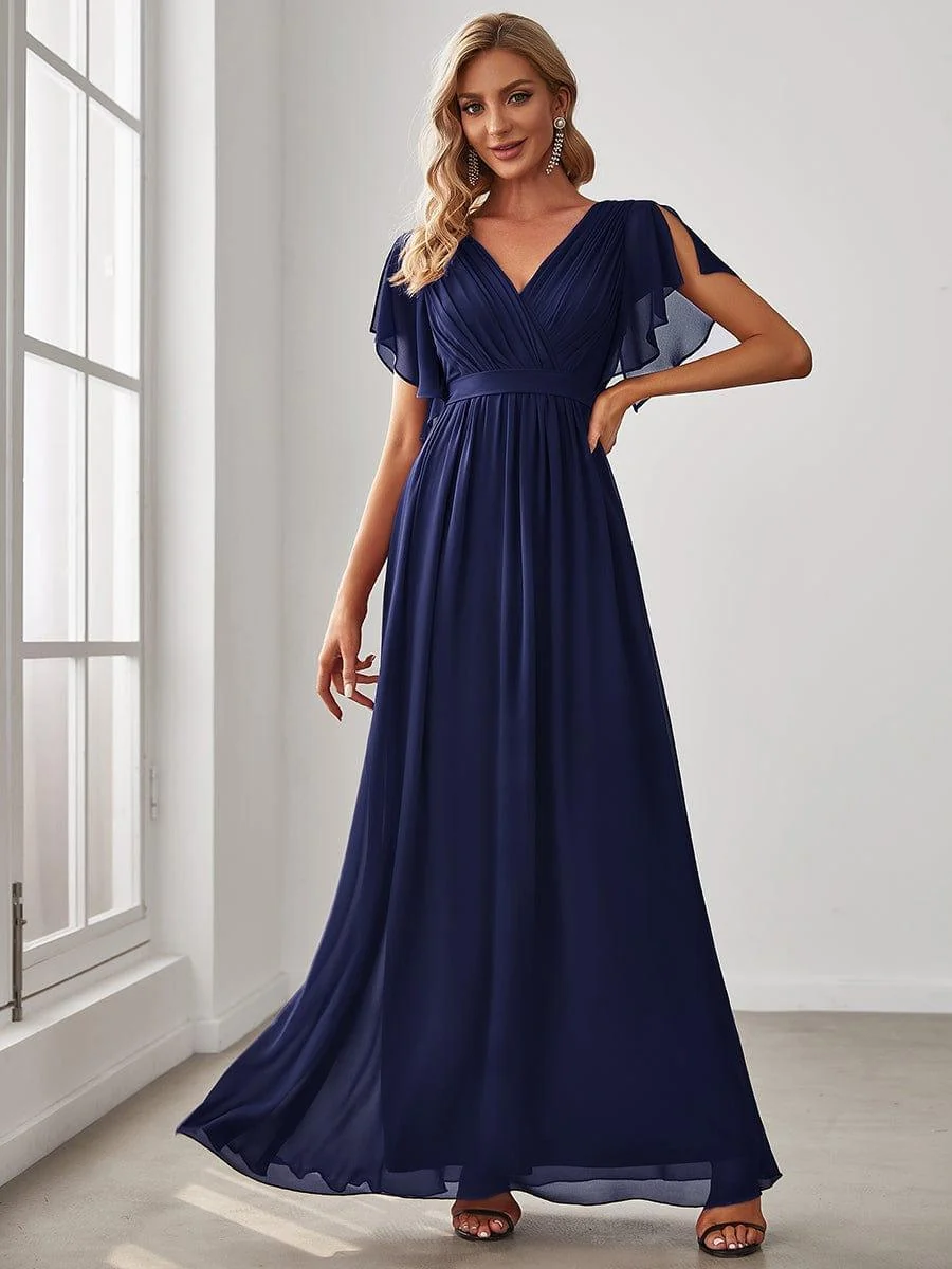Abendkleid Damen Maxi A-Linie aus Chiffon | Festliches Kleid f��r Hochzeitsg?ste mit V-Ausschnitt und Fl��gel?rmeln