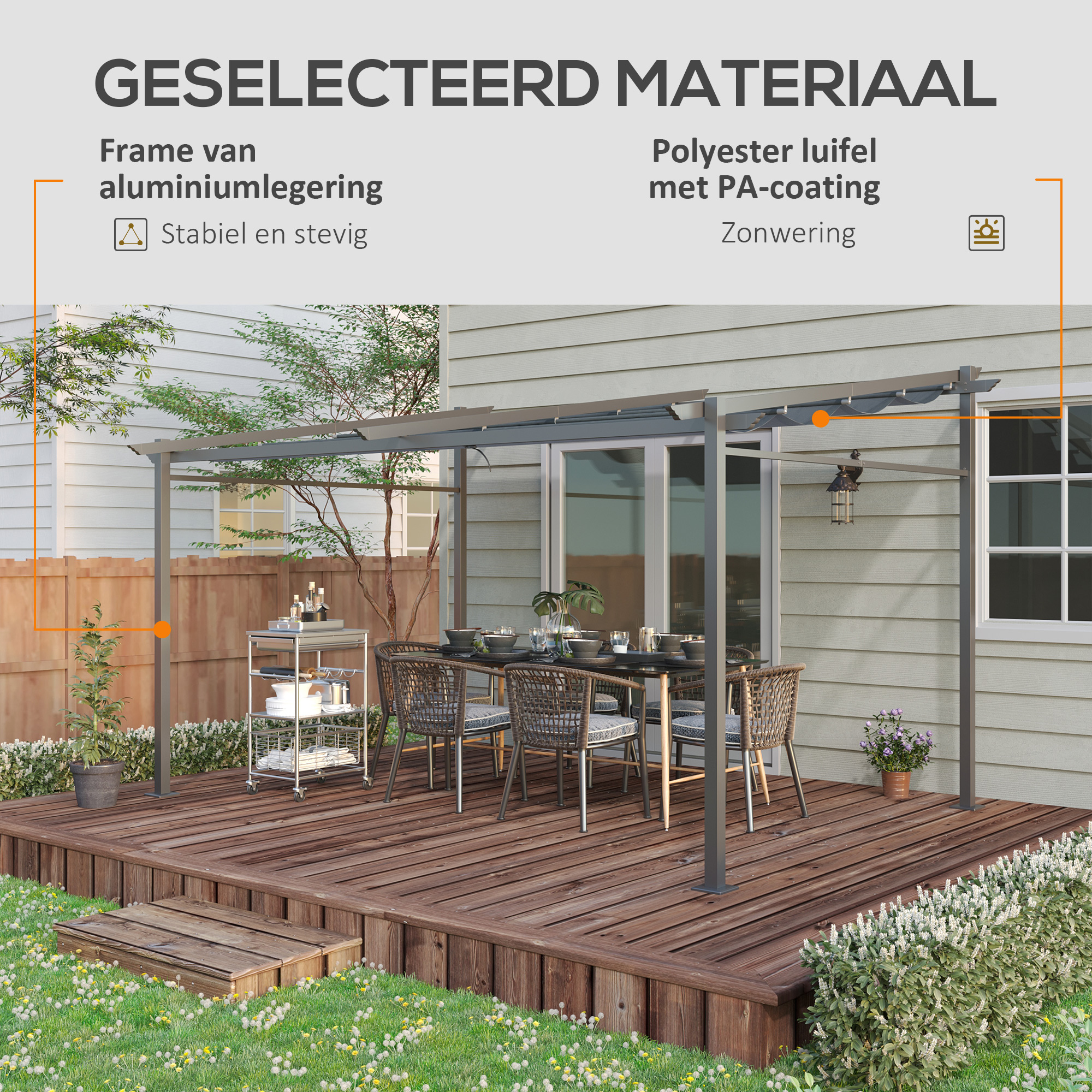 Pergola met Bevestigingsmaterialen, Intrekbaar Dak, 3,97m x 2,95m x 2,3m, Donkergrijs