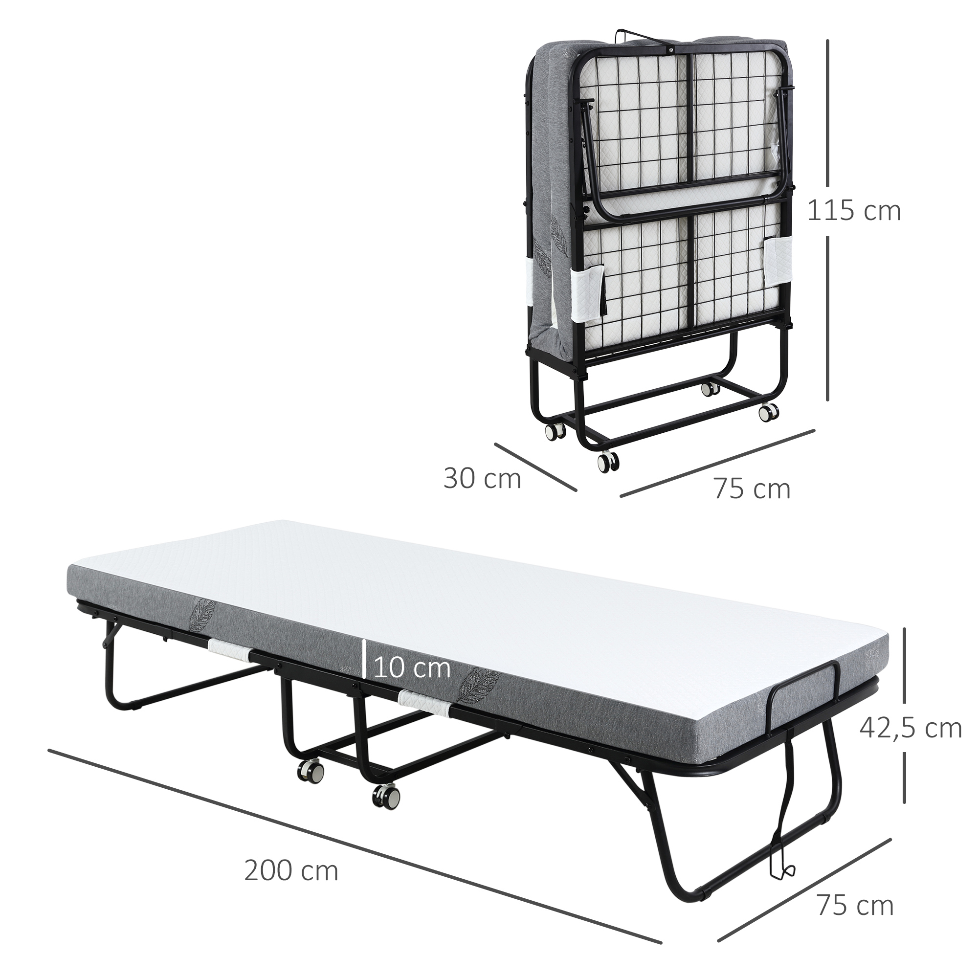Opklapbaar bed 1 persoons met wielen verstelbaar, tot 150 kg, wit + zwart, 200 x 75 x 42,5 cm | Aosom.nl