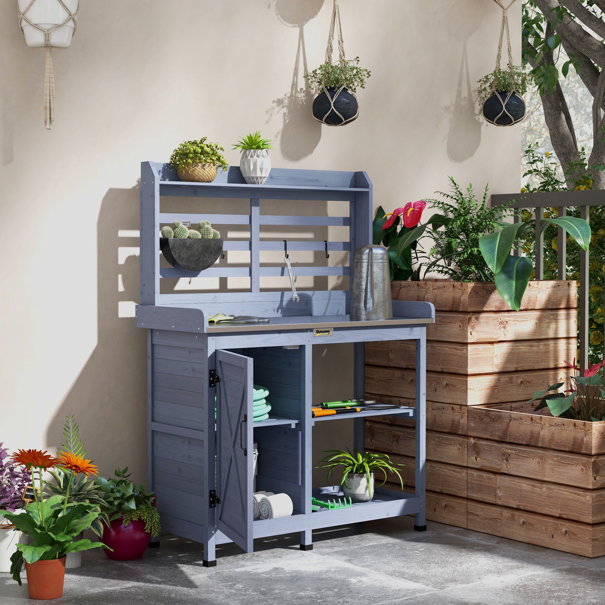 Outsunny Tuinset met opbergkast, aluminium werkblad, opbergruimte, 112x47x146cm, Grijs