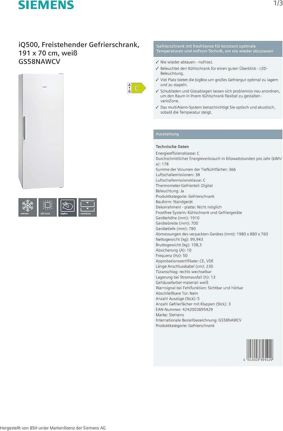 Siemens GS54NAWCV iQ500 Gefrierschrank, 176 x 70 cm, 327 L, noFrost nie wieder abtauen, bigBox Platz für großes Gefriergut, varioZone flexible Glas-und Schubladen, Weiß