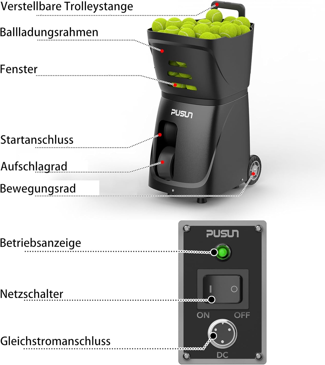 PT-SMART Tennisballmaschine - Profi Ballwerfer mit APP-Steuerung (App für Watch), 20 Landepunkte & 12 Modi, Smart Tennis Trainer für alle Spielniveaus (4-6 Std. Laufzeit)