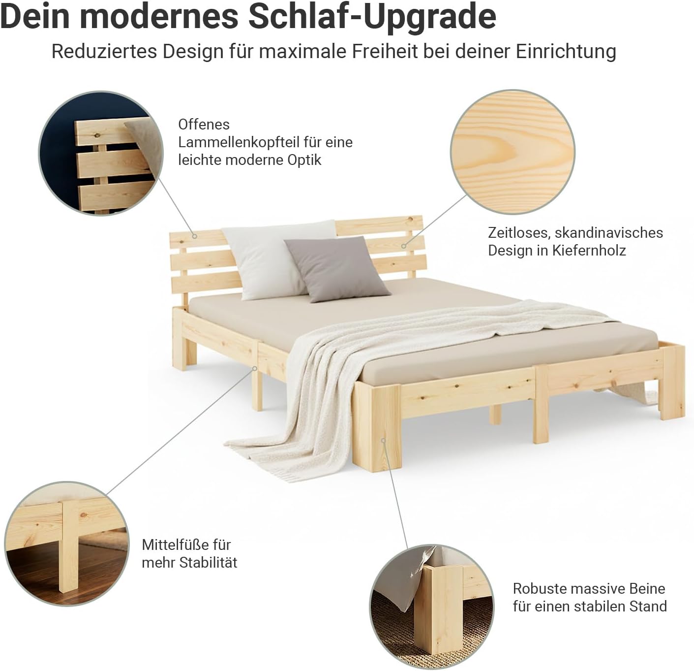 Homestyle4u Bett 180x200 mit Lattenrost Holzbett Massivholz Kiefer Doppelbett Schlafzimmer