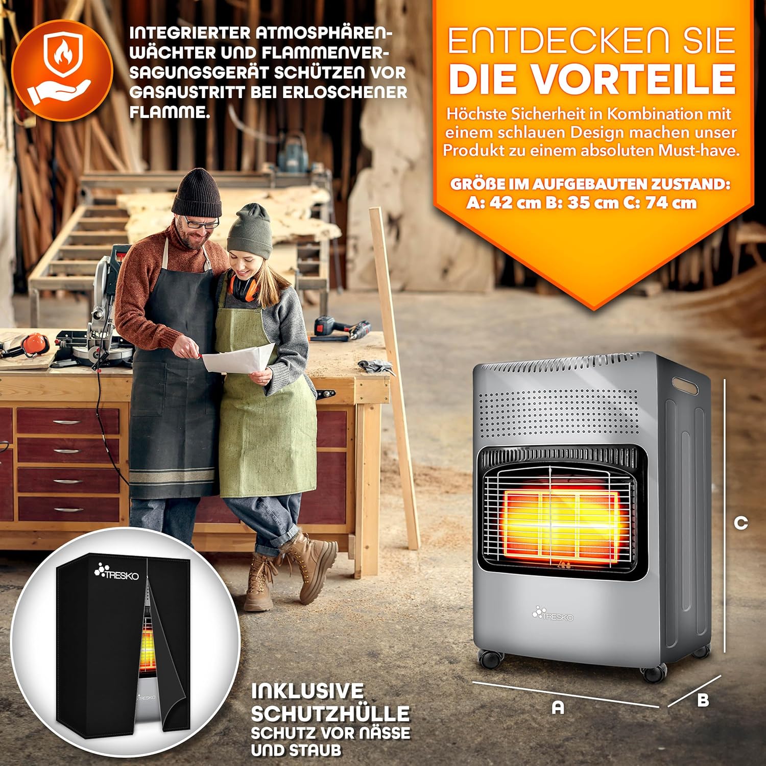 TRESKO 4200 Watt Gasheizung inkl. Gasdruckregler Gasschlauch + Abdeckung | Gasheizer Gasofen Gasheizofen mit 3 Stufen | Infrarot Gasheizgerät (Grau)