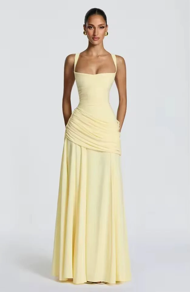 Maxikleid Damen f��r Hochzeitsg?ste | Elegantes Viskose Kleid mit Raffung und Herzausschnitt | Bodenlanges Abendkleid