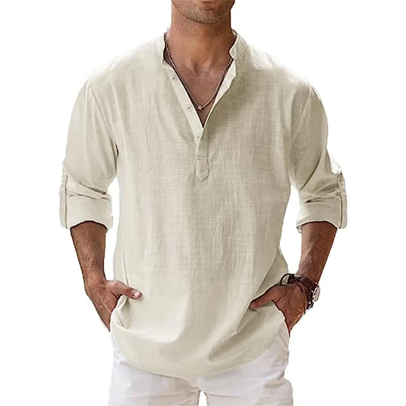 Herren Leinenhemd mit Henley-Ausschnitt | Atmungsaktives Sommerhemd aus leichtem Leinen | Klassisches Freizeit-Shirt Langarm
