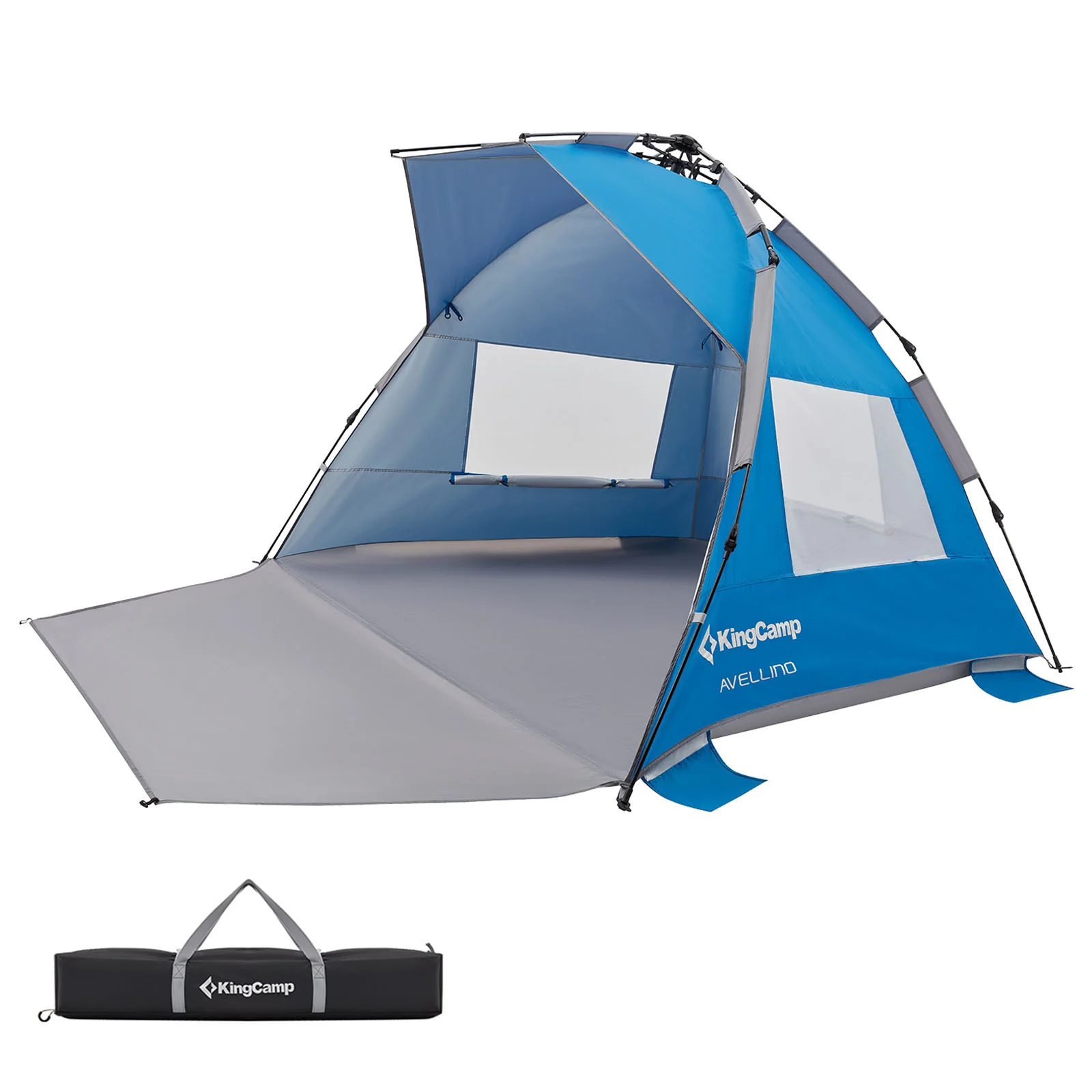 KingCamp Avellino Automatische Strandtent �C UPF50+ zonbescherming, wind- & privacybescherming met hydraulisch frame, zandzakken & gaasramen