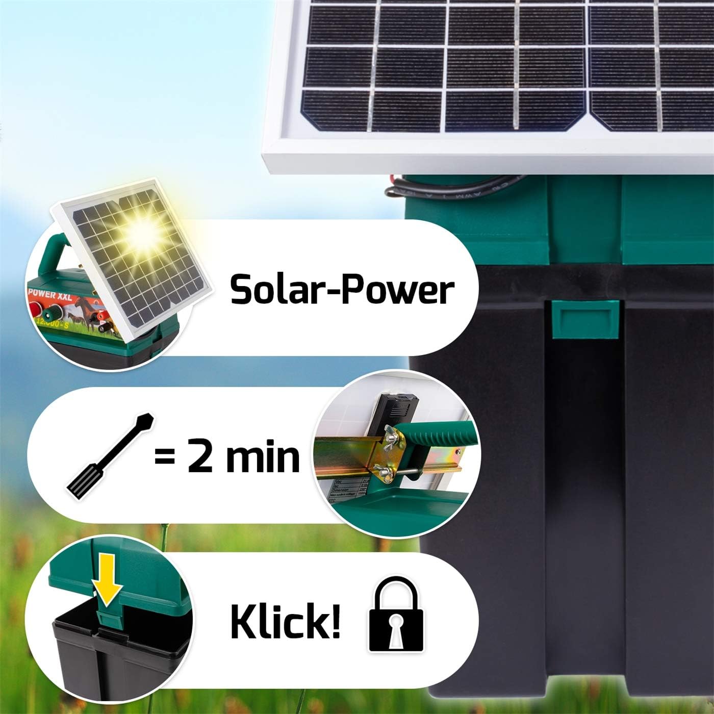 VOSS Power XXL B 12.000-S, 10.800V Starkes Solar-Weidezaungerät 9V 12V, inkl. 55Ah Batterie und Warnschild, Hocheffektives Solarmodul, Für Pferde, Ponys, Hund, Katze, Reiher, Rind, Schwein