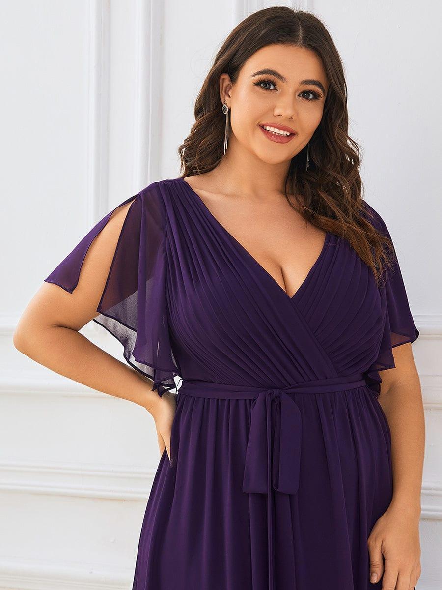 Abendkleid Damen Maxi A-Linie aus Chiffon | Festliches Kleid f��r Hochzeitsg?ste mit V-Ausschnitt und Fl��gel?rmeln