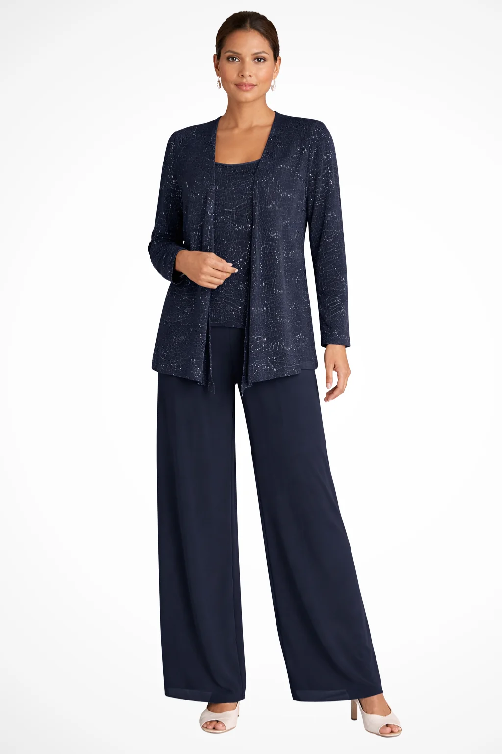 Damen Hosenanzug 3-teilig festlich | Set mit Pailletten-Spitzenjacke und weiter Hose | Elegantes Outfit f��r Hochzeitsg?ste