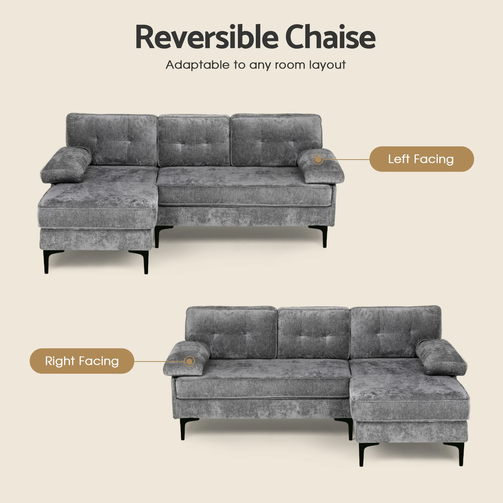 Sofa 3 Seaters Sofa L Shape Grey