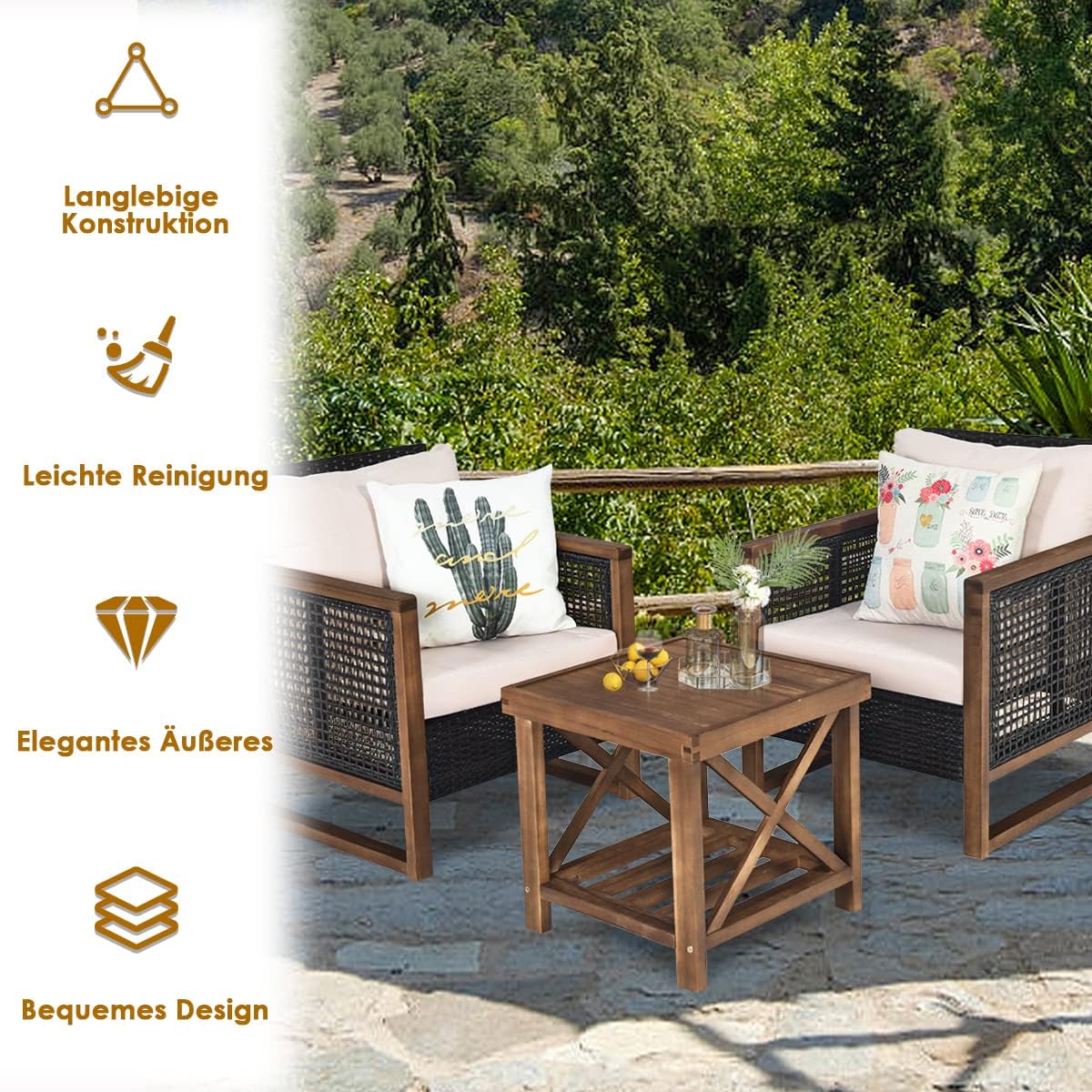 COSTWAY 3-częściowy zestaw mebli ogrodowych z drewna akacjowego, 2 fotele rattanowe i stolik pomocniczy, zestaw mebli do siedzenia z poduszkami pod plecy i poduszkami do siedzenia, zestaw do siedzenia