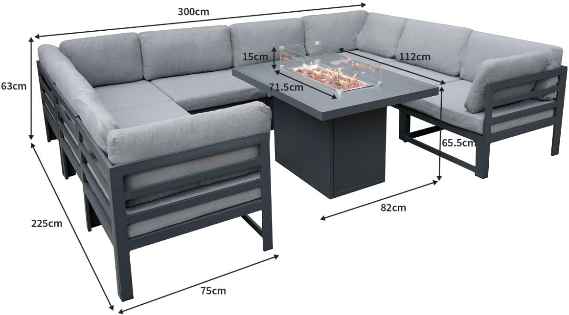 Modulares Gartenlounge-Set Groß Grau 8-Sitzer U-Form Sofa mit Kissen, Tisch & Gasfeuerstelle 9-teiliges Aluminium-Gartenmöbelset für draußen Eckset Terrasse Balkon [inkl. Wasserdichte Regenabdeckung]