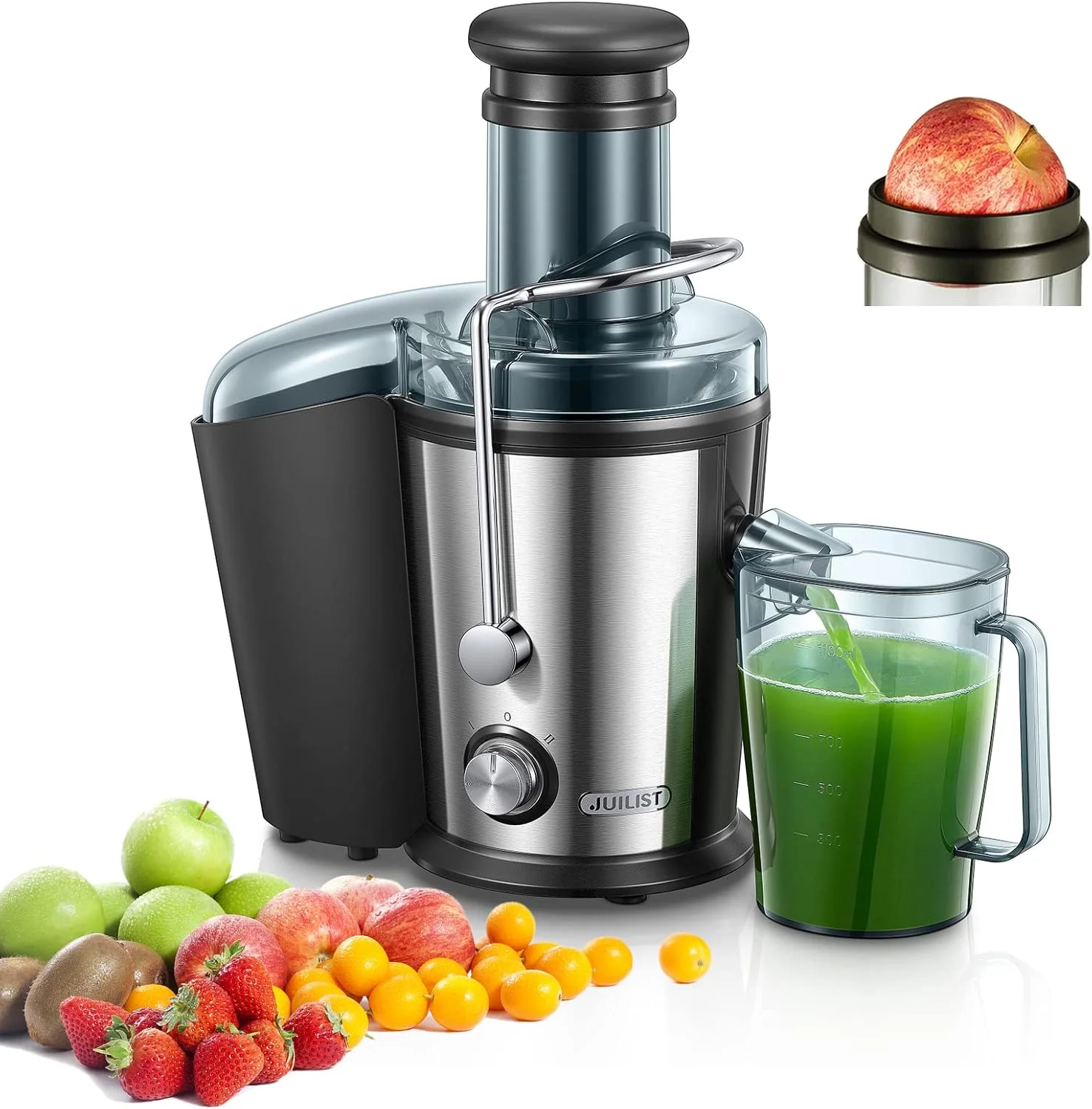2025 Juilist Sappengrijper voor Groenten en Fruit, 800W Krachtige Centrifuge Extractor, Eenvoudig te Reinigen met Borstel, Dubbele Snelheid, 3'' Invoertrechter en Anti-Druppel Systeem
