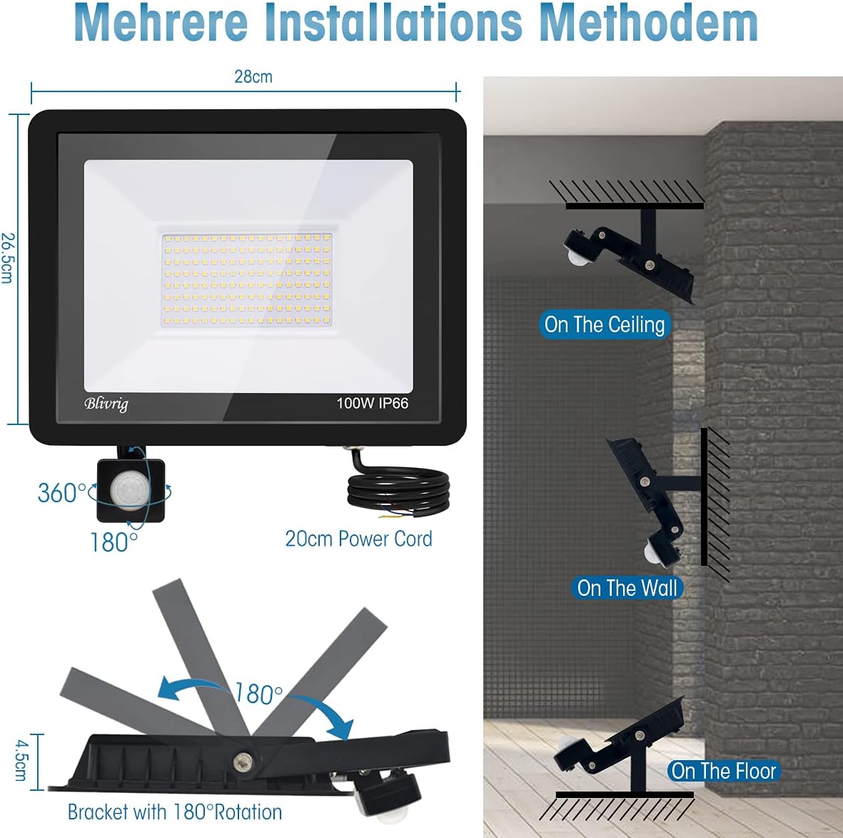LED Strahler mit Bewegungsmelder 100W 10 Stück, 10000 Lumen Außenleuchte, 6000K Kaltweiß Strahler LED Bewegungsmelder, Außenstrahler IP66 Wasserdicht, Außenlampe für Garten, Innenhöfe, Garage, Flu