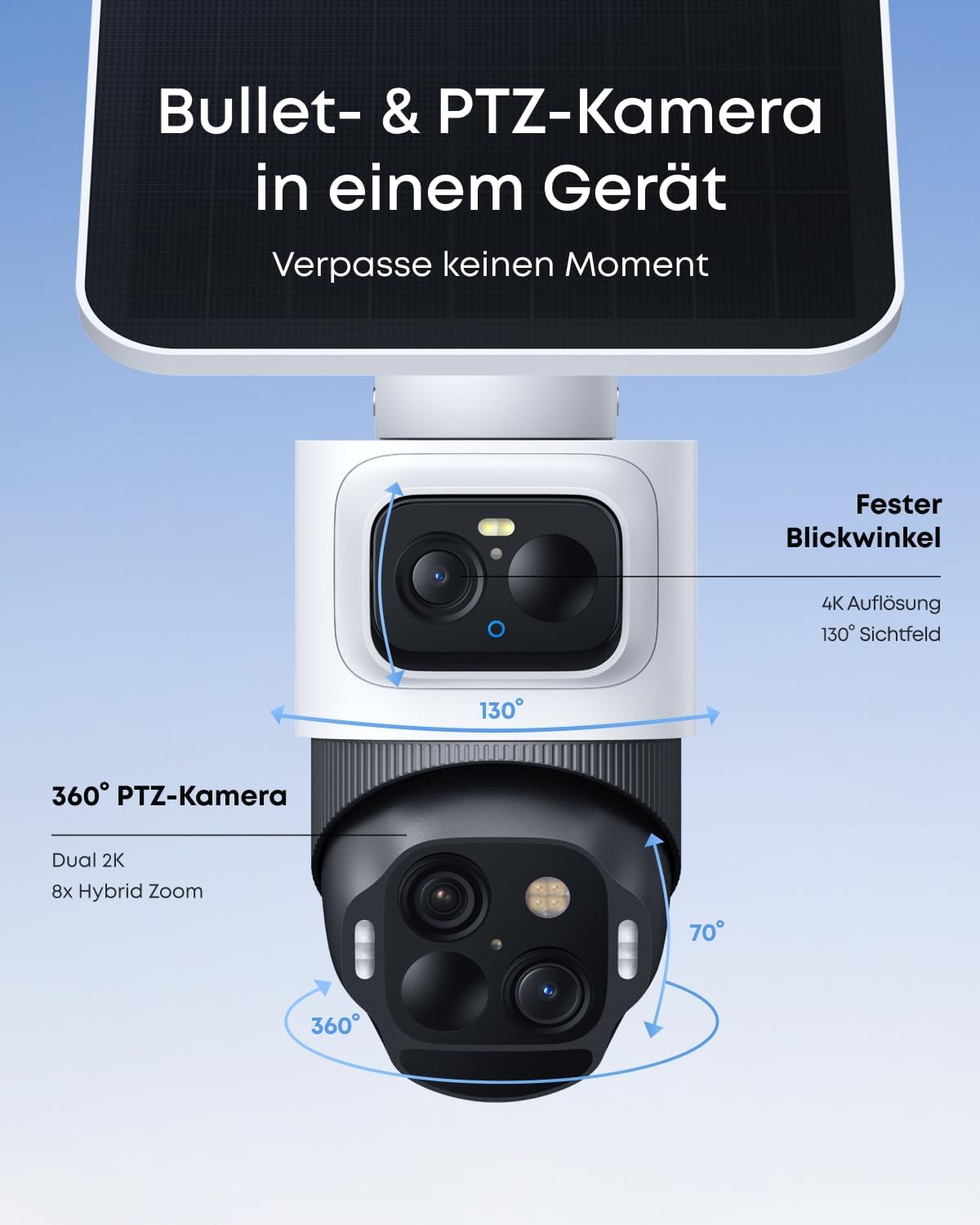 eufy Security eufyCam S4, kabellose Solar‑Outdoor‑Überwachungskamera, 3‑Linsen Bullet‑PTZ‑Kamera, 4K UHD, 360° Multi‑Kamera‑Auto‑Tracking, 8× Hybridzoom, Farbnachtsicht, kompatibel mit HomeBase S380
