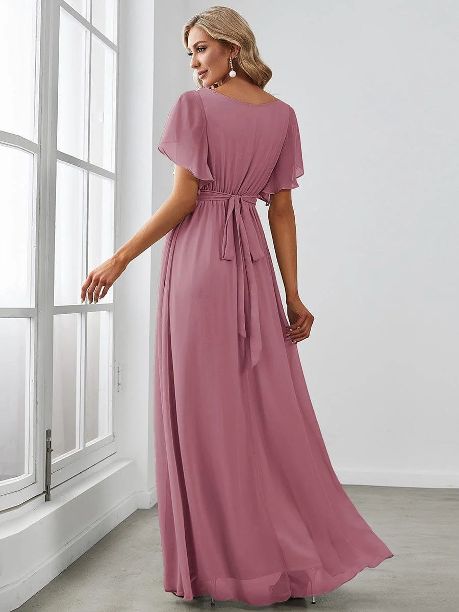 Abendkleid Damen Maxi A-Linie aus Chiffon | Festliches Kleid f��r Hochzeitsg?ste mit V-Ausschnitt und Fl��gel?rmeln