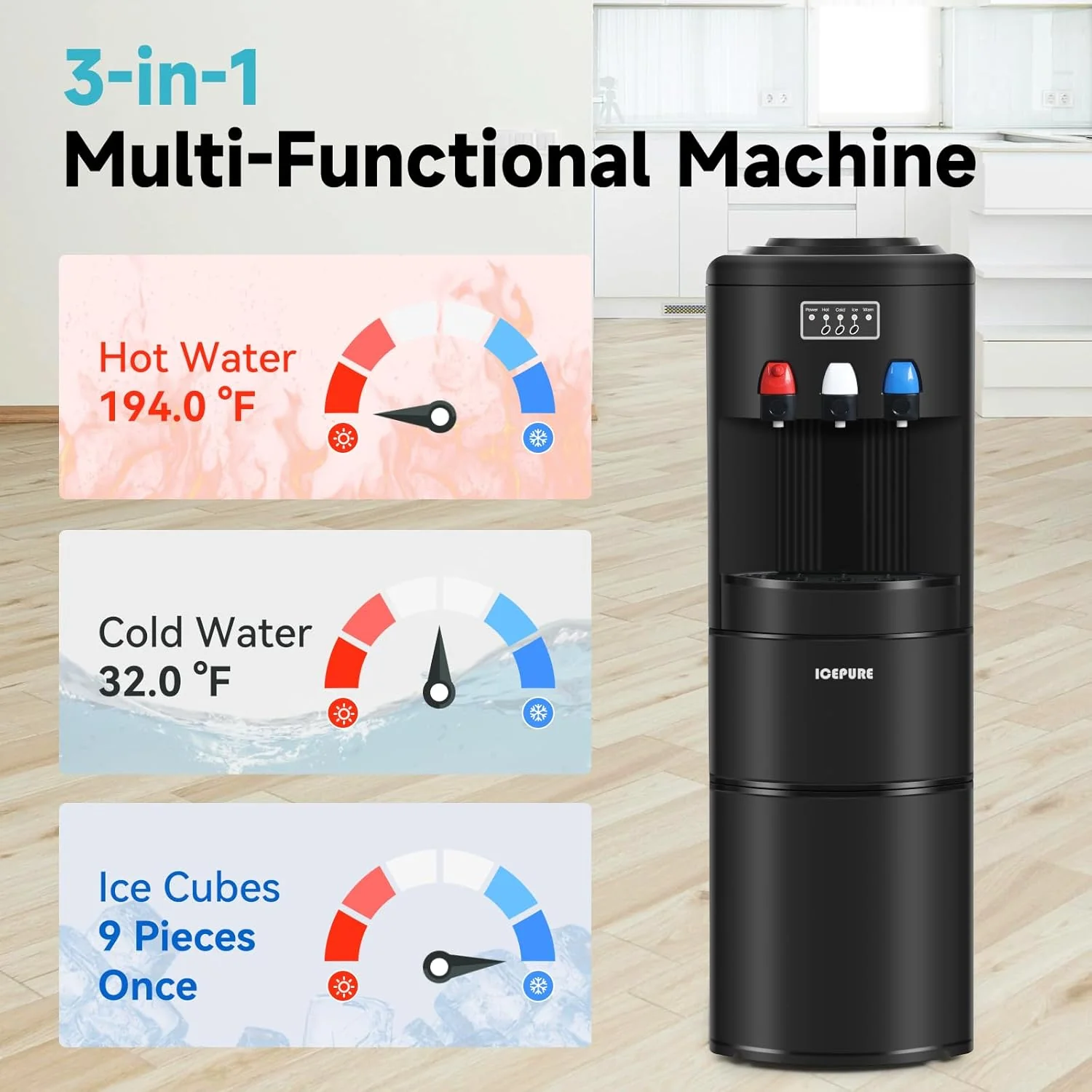 ICEPURE Water Dispenser with Ice Maker. 3-in-1 Hot and Cold Water Cooler with Built-in Bullet Ice Maker Machine. 26.5lbs/24H. Top Loading for 3-5 Gallon Bottle. Child Safety Lock. Black