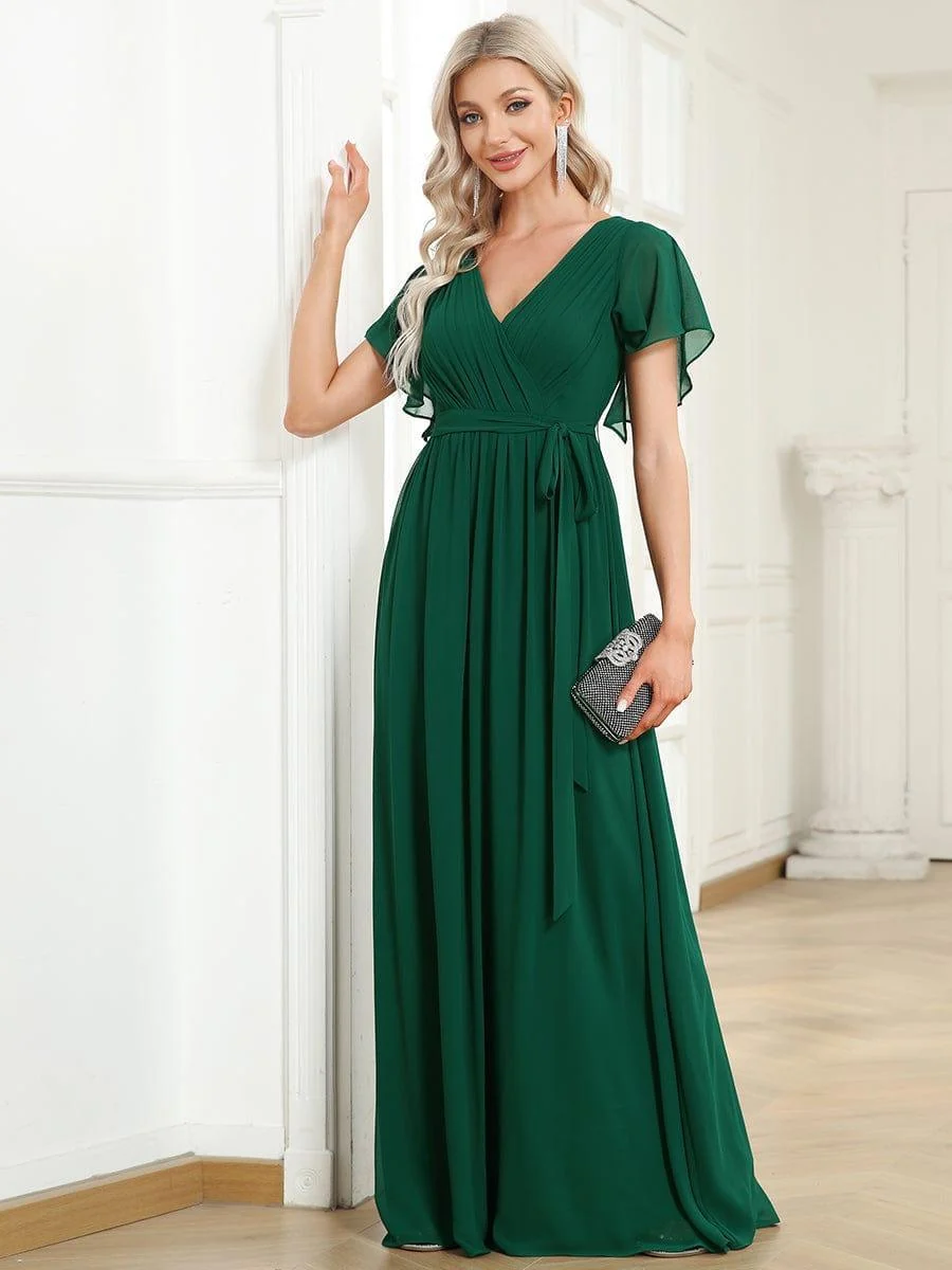 Abendkleid Damen Maxi A-Linie aus Chiffon | Festliches Kleid f��r Hochzeitsg?ste mit V-Ausschnitt und Fl��gel?rmeln