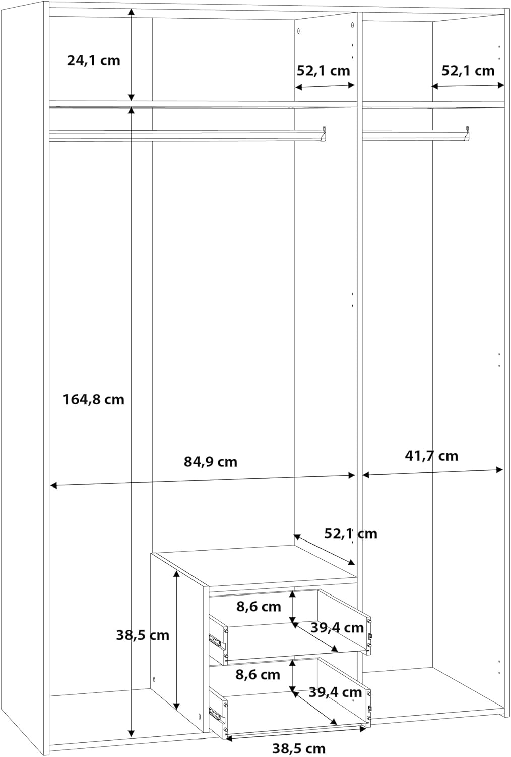 Forte TELANE Kleiderschrank 130, moderner Drehtürenschrank, 3-türig, 2 Schubladen, Spiegel, Schlafzimmer, Holzwerkstoff, Weiß, 131,1 cm breit x 195 cm hoch x 54,2 cm tief