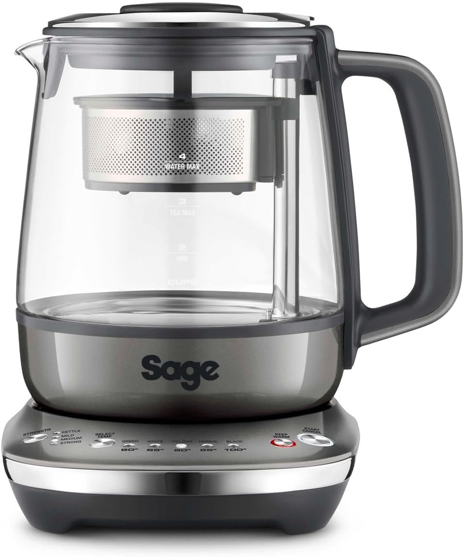 Sage - The Tea Maker - Teekocher - Teesieb mit Abesenkautomatik, optimale Ziehzeit, Stärke & Temperatur, Alle Teesorten - Wasserkocher, 1,5 L Fassungsvermögen, 2000W, Glas - Smoked Hickory