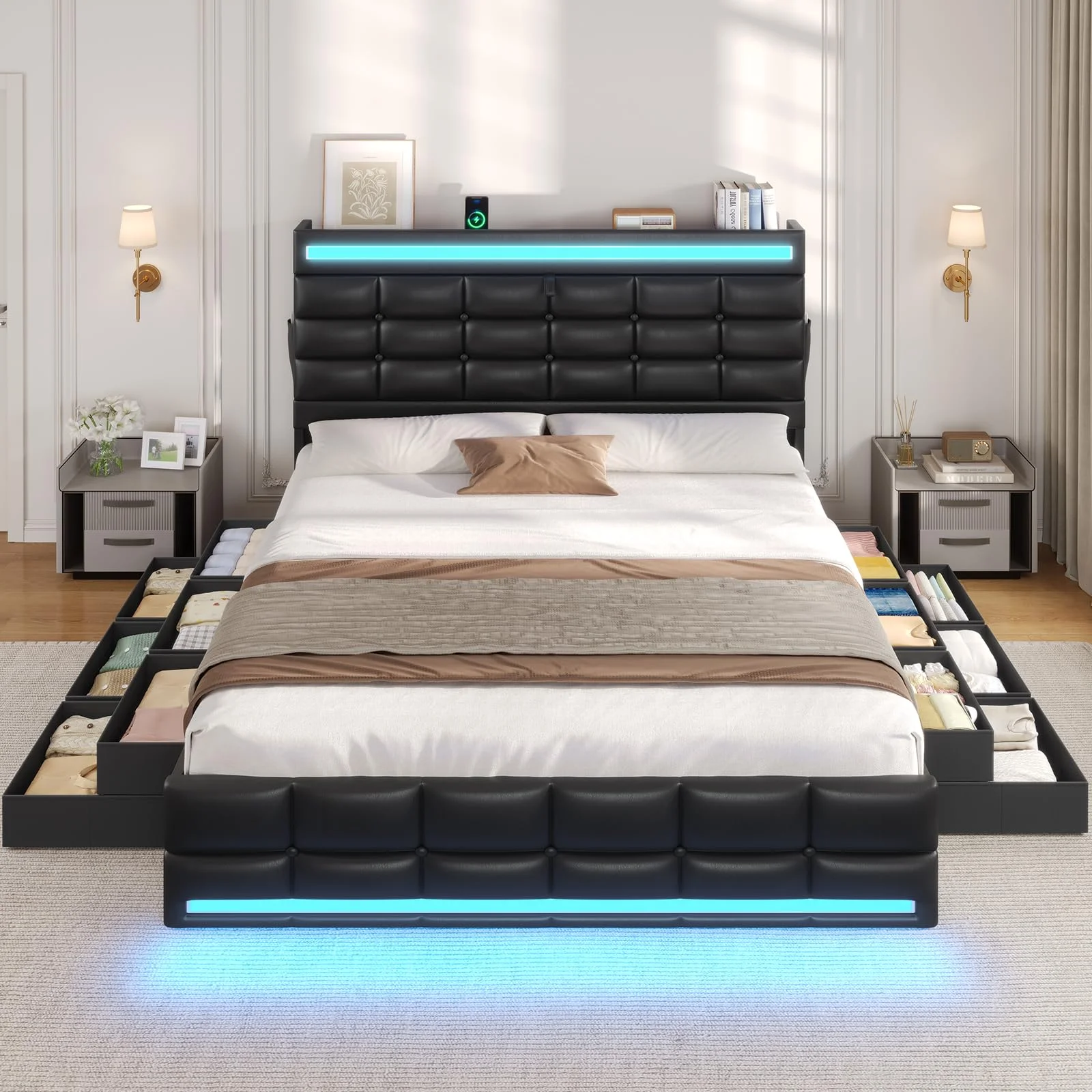 Queen Size Bed Frame with LED Lights Headboard and 12 Storage Drawers,Bookcase,Upholstered Platform Bed Queen with Charging Station, No Box Spring Needed, Type-C and USB,Noise-Free, Black