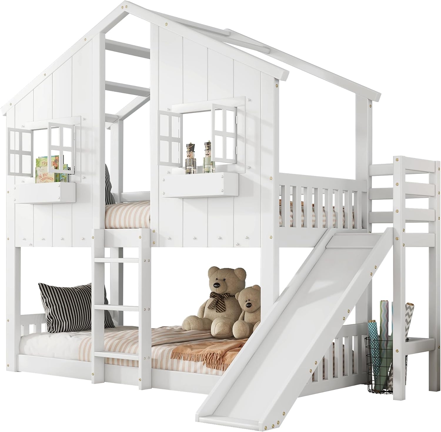 Kinderbett Etagenbett 90x200, Hochbett Hausbett für 2 Kinder, Stockbett mit Rutsche&Leiter&Fenstern&Dach&Aufbewahrungsbox, Doppelbett Holzbett mit Lattenrost&Rausfallschutz, Kiefer, Ohne Matratze,Weiß