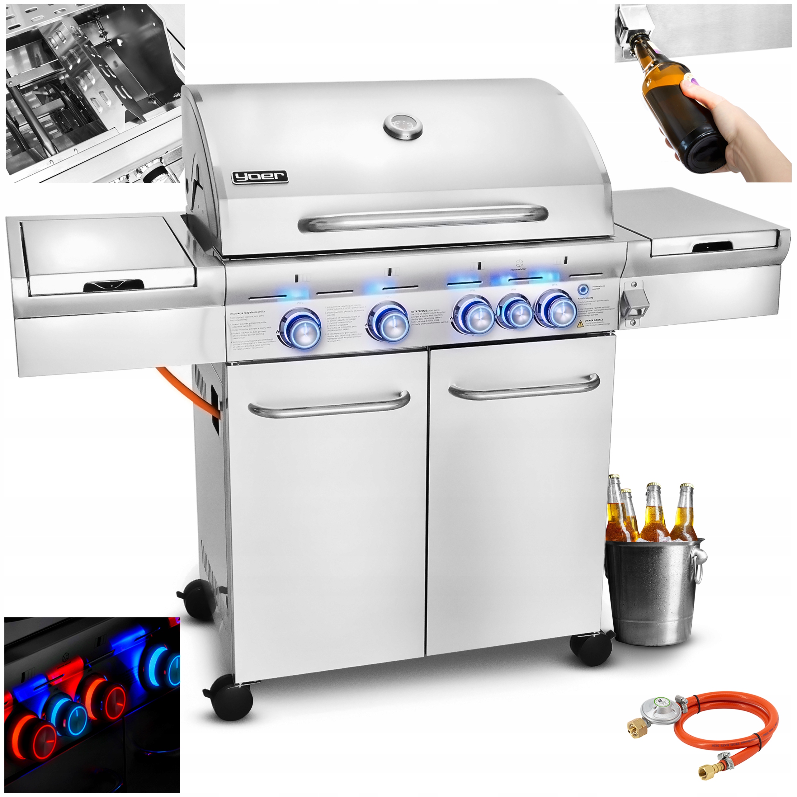 Grill gazowy Ogrodowy ŻELIWNY nierdzewny Yoer 2+1 +10,15 kW +szafa na butlę