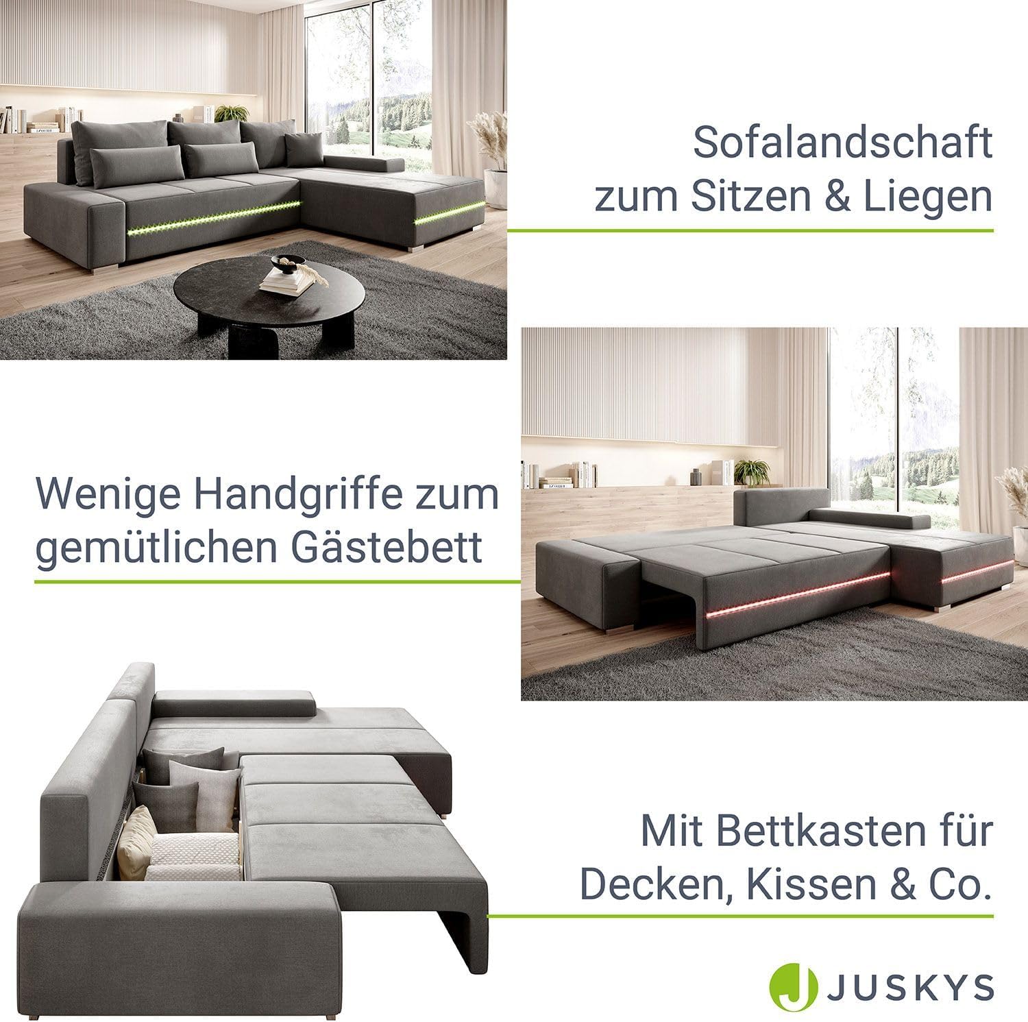 Juskys Sofa Davos Rechts mit Schlaffunktion - Ecksofa für Wohnzimmer mit Bettkasten & LED - Stoff Schlafsofa L Form Couch Beleuchtung - Hellgrau