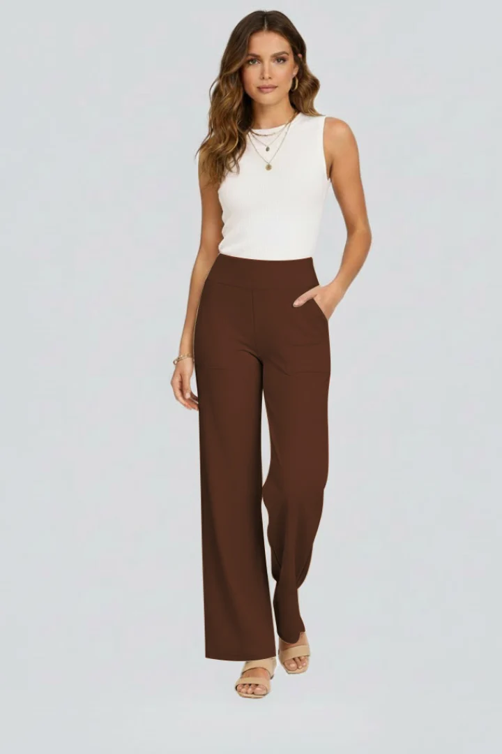 Damen Hose mit weitem Bein und hohem Bund | Bequeme High Waist Stoffhose mit Gummizug | Gerade geschnittene Schlupfhose