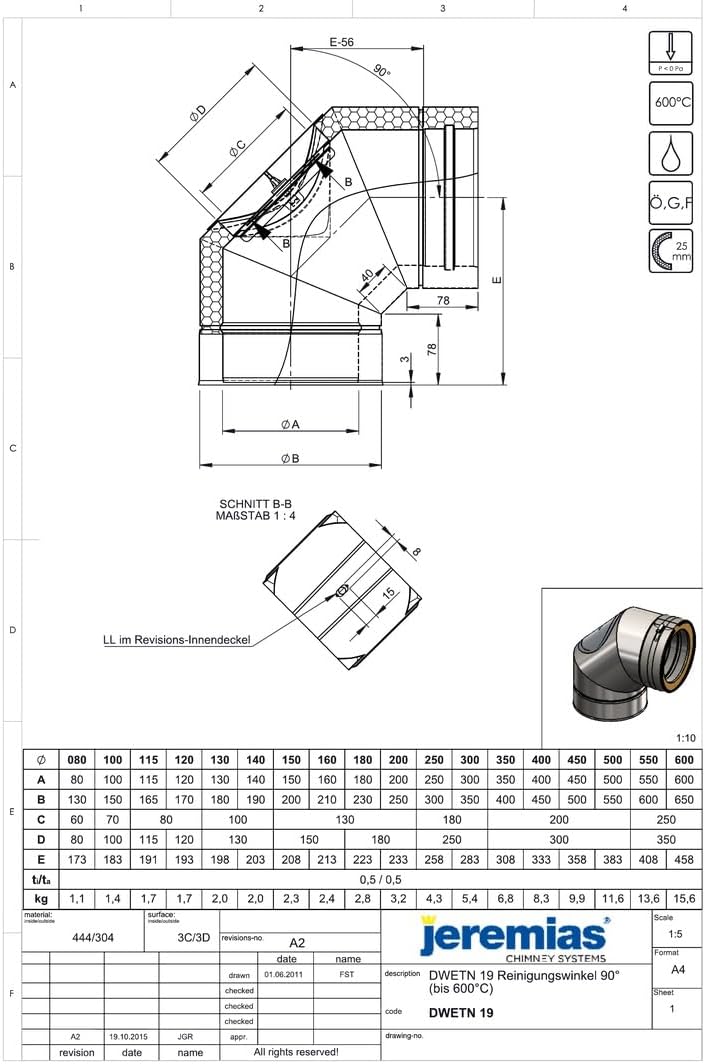 Jeremias DW-Black 180mm 90° Winkel mit Revision runde Öffnung doppelwandig Edelstahl schwarz matt Abgasanlage für Öl Gas Festbrennstoffe