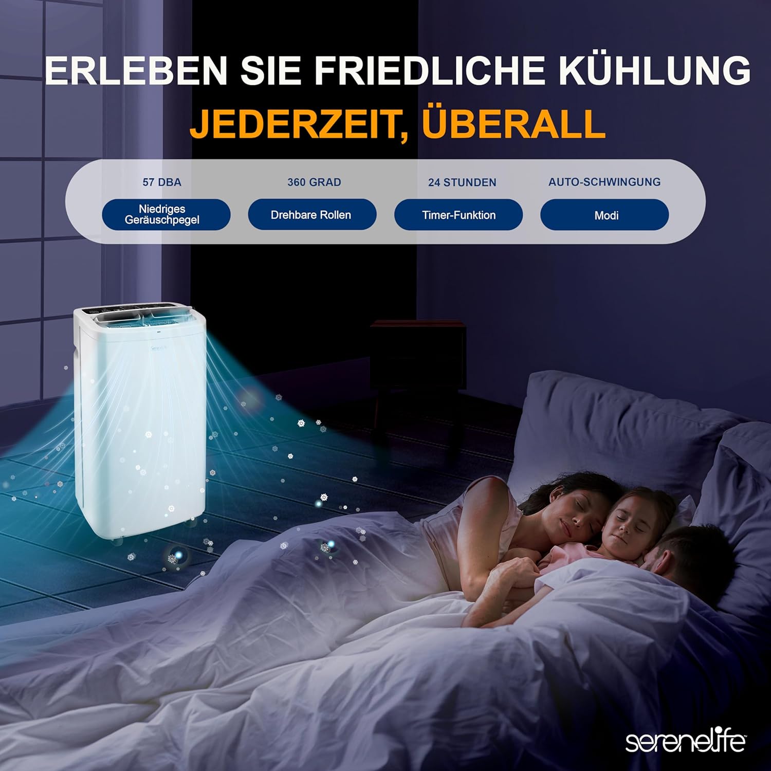 SereneLife Mini Klimaanlage mobil, 3-in-1 mobiles Klimagerät mit Abluftschlauch – Luftkühler, Luftentfeuchter & Ventilator, Air conditioner – 9.000 BTU, 1,5L Feuchtigkeit/Stunde, kühlt Räume bis 42 m2