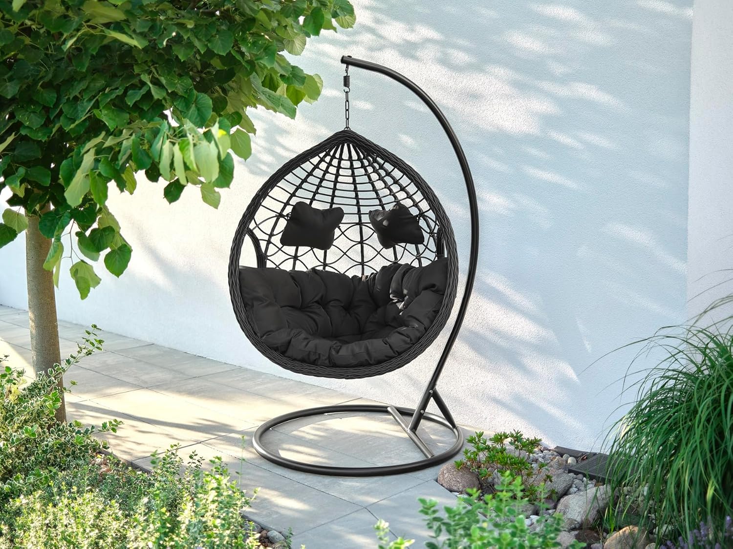 Polyrattan Hängesessel Hängesitz Hängekorb mit Gestell Garten Terrasse inkl Kissen Outdoor schwarz