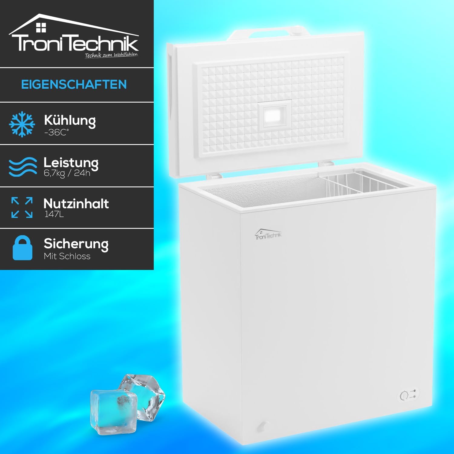 Tronitechnik® Gefriertruhe Kühltruhe BORGAR PRO mit 2in1 Gefrier- und Kühlfunktion | 160 Liter, 184kwh/Jahr, 85cm hoch, geringe Lautstärke | LED-Licht | Rollen | Kindersicherung durch Schloss | Weiß