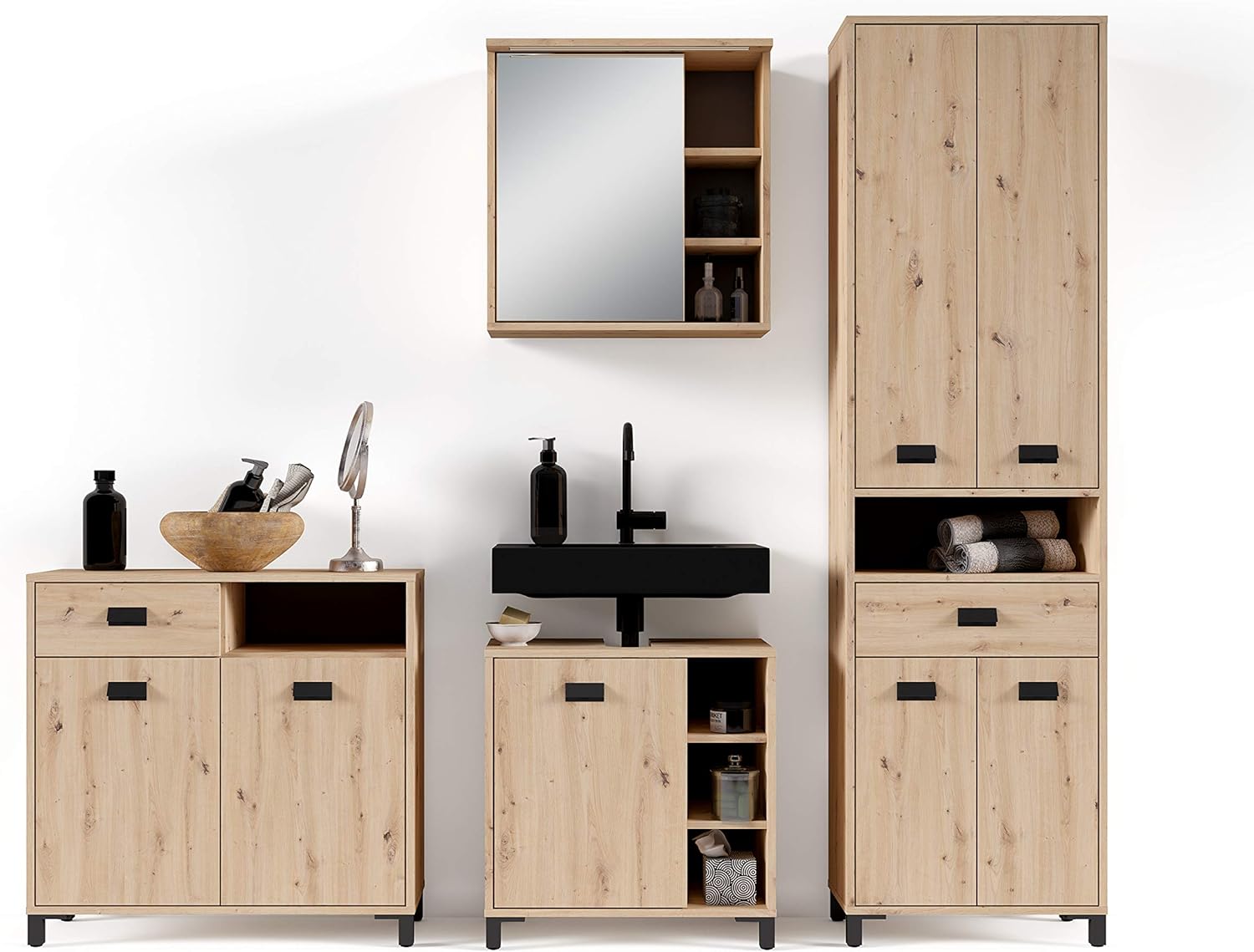 byLIVING Badezimmer-Hochschrank WELLNESS / Badschrank in Artisan Eiche Optik hell-braun / Griffe aus Metall in schwarz / Badezimmerschrank 4 Türen mit offenen Elementen / B 54, H 193, T 31 cm