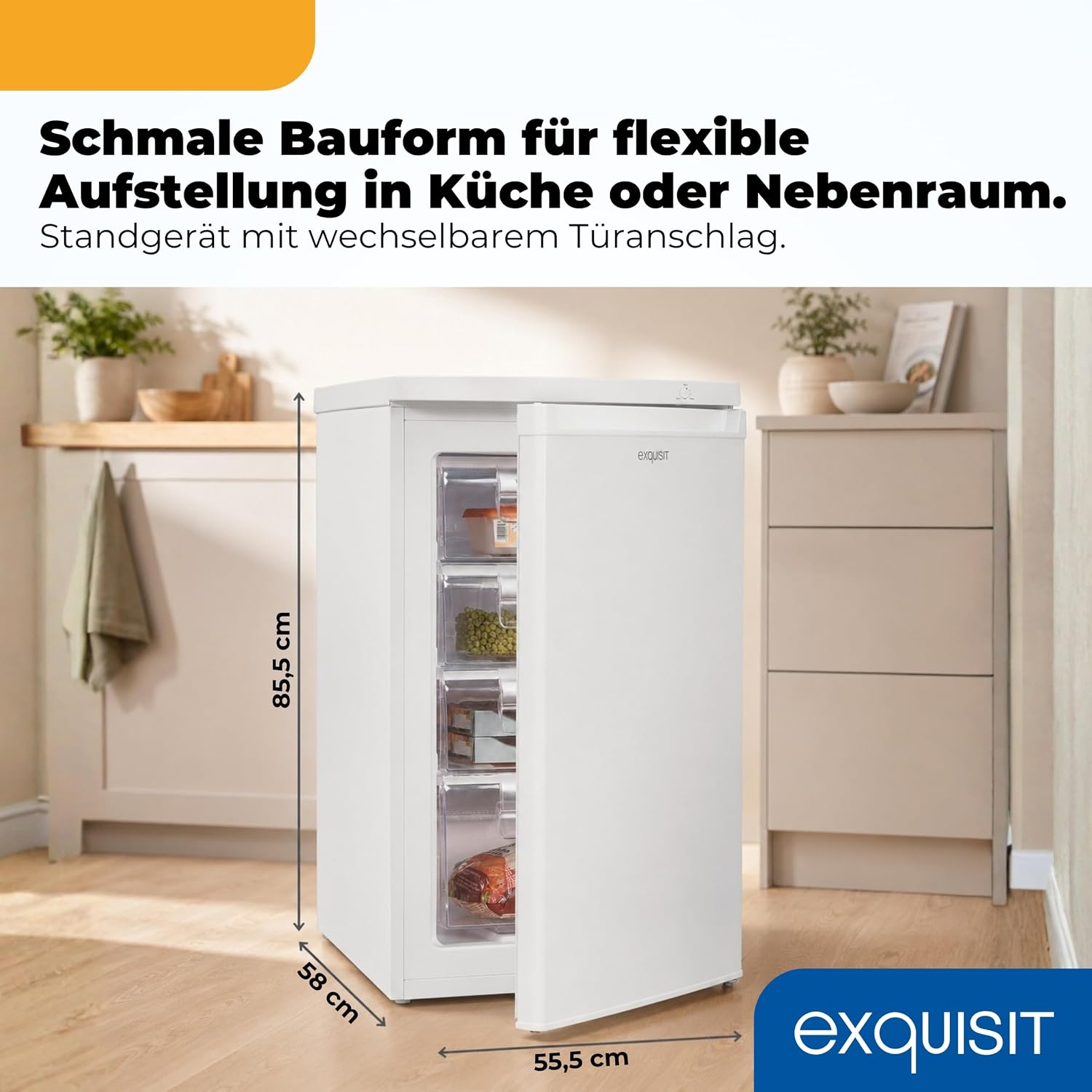 Exquisit Gefrierschrank | 91 l Nutzinhalt, Energieeffizienzklasse E, 40 dB(A) | kompakte Bauform, 4-Sterne-Gefrieren, manuelle Temperaturregelung, wechselbarer Türanschlag | GS512-040E weiss