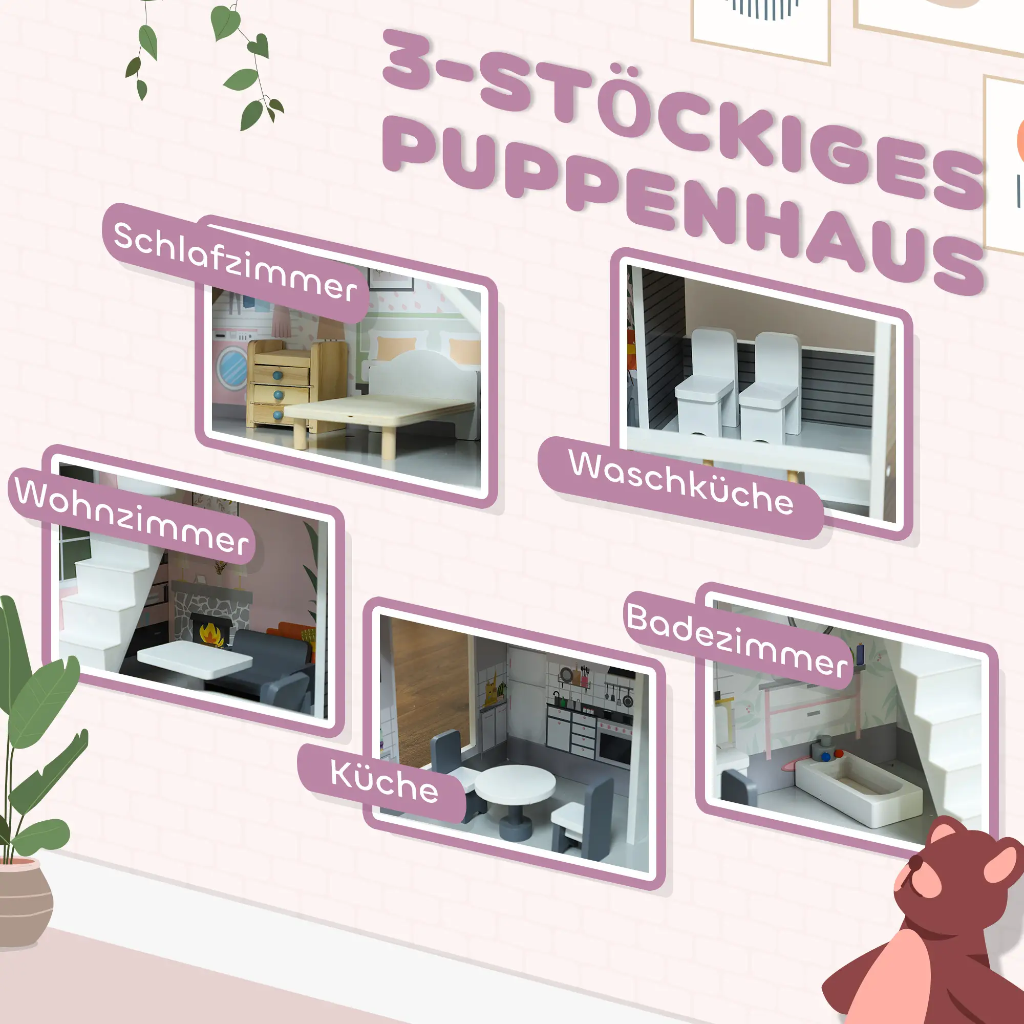 AIYAPLAY Houten poppenhuis 3 verdiepingen met 13 meubels open spel