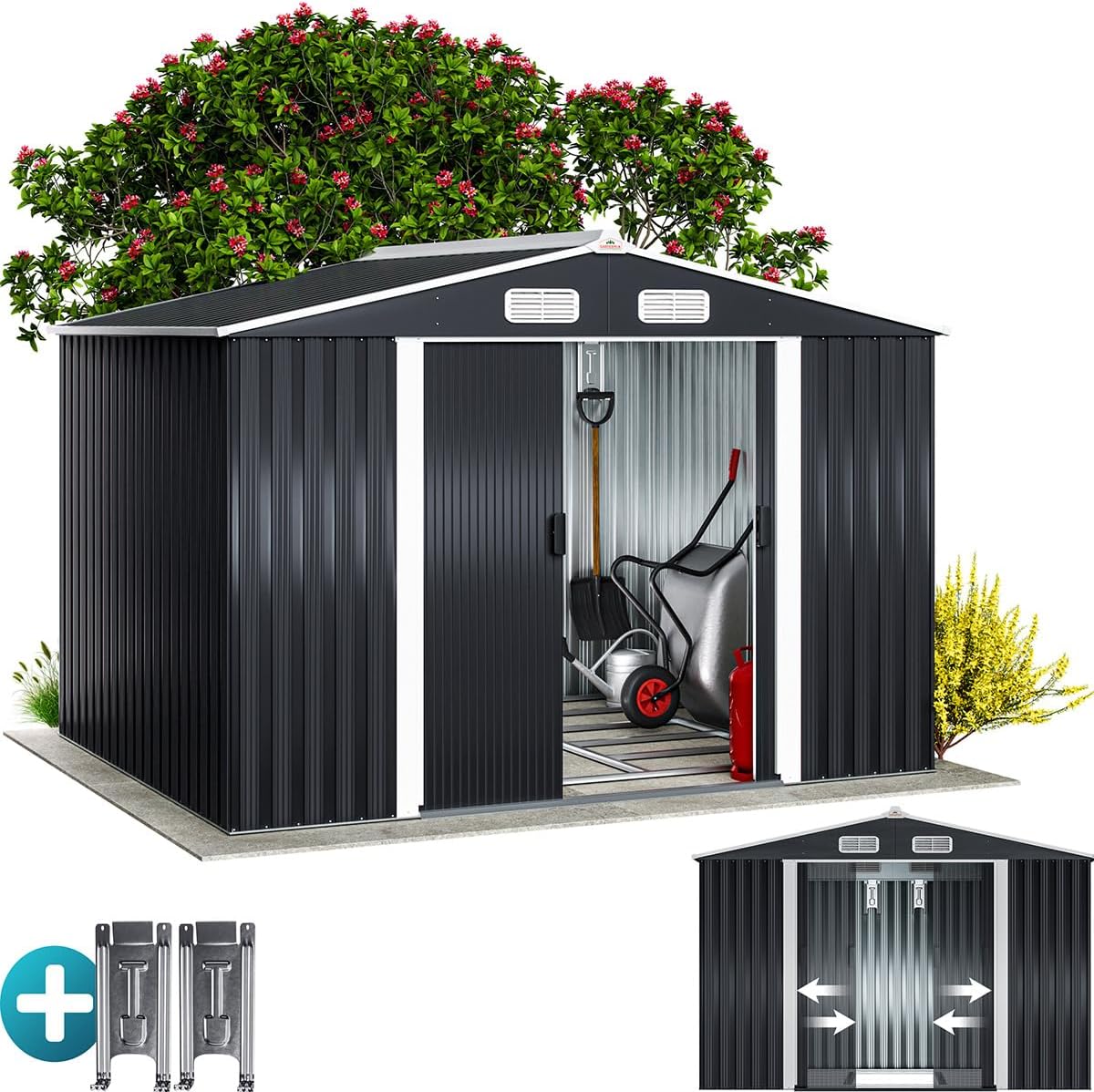 GARDEBRUK® XXL Metall Gerätehaus 5m² mit Fundament 257x205x178cm Schiebetür Anthrazit Geräteschuppen Gartenhaus 9m³