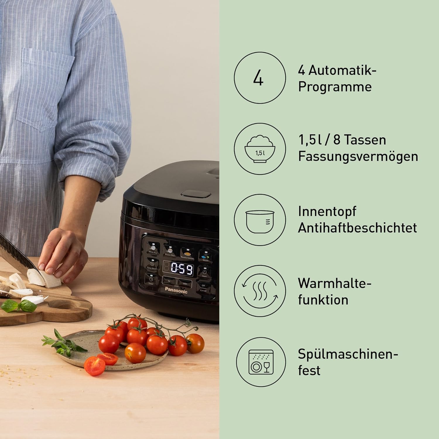 Panasonic SR-DA152KXE Automatischer Reiskocher mit Dampfgarer, Fuzzy-Logik, Wasserverhältnisanzeige, BPA-frei, Warmhalten, Startverzögerung, spülmaschinengeeignete Teile, vielseitig, schwarz